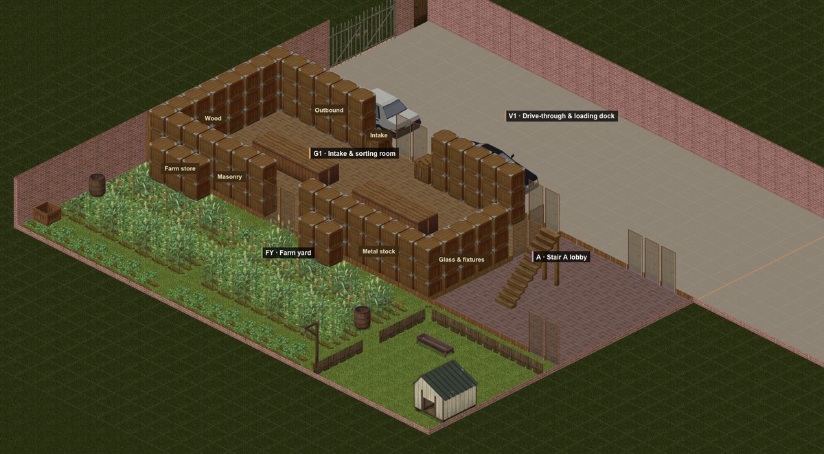 A Project Zomboid base in PZ Blueprint's angled view: an intake room lined with crate stacks, a sorting bench, a farm yard with crops and a hen house, and a stair lobby