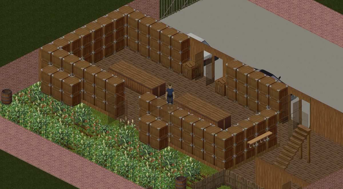 The survivor standing in a Project Zomboid intake room between crate pods, in PZ Blueprint's Play mode