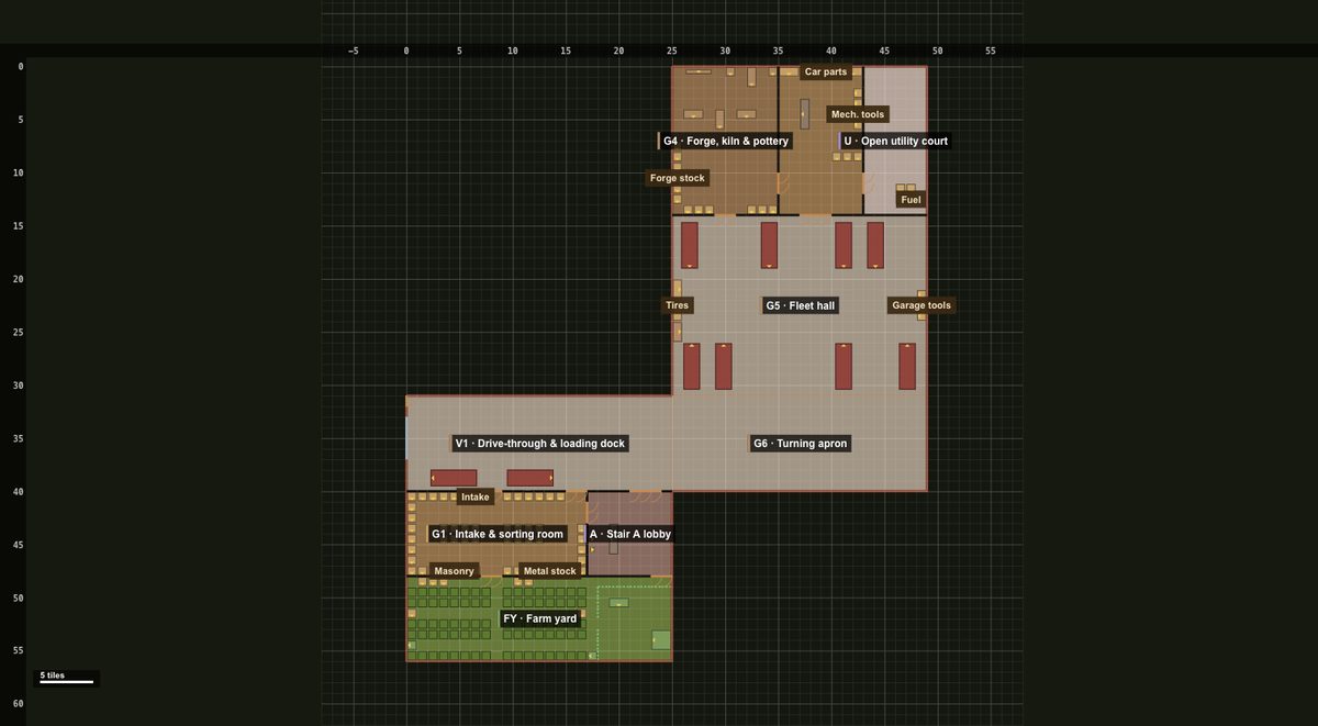 Top-down blueprint of a large L-shaped Project Zomboid base with labelled rooms: fleet hall, turning apron, forge, intake and sorting room, farm yard